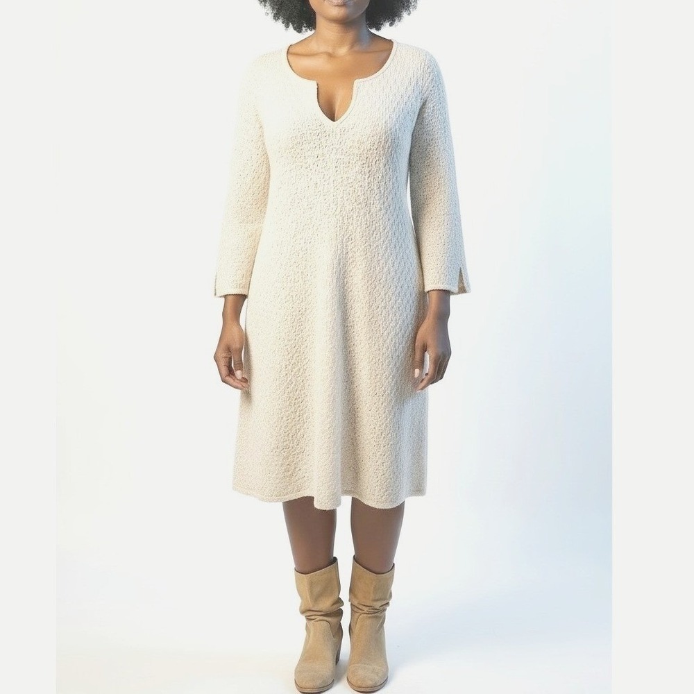 Isabella Bird 100% Linen‎ Textured Knit Dress XL Ivory Bell Sleeve Lined Boho